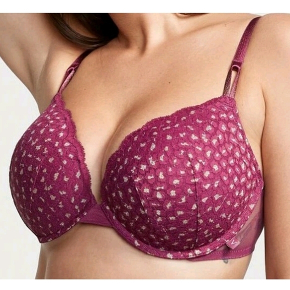 Victorias Secret Berry Gold SHIMMER Lace Mesh ExtremeLift Plunge PU UW Bra 36DD - Picture 1 of 7